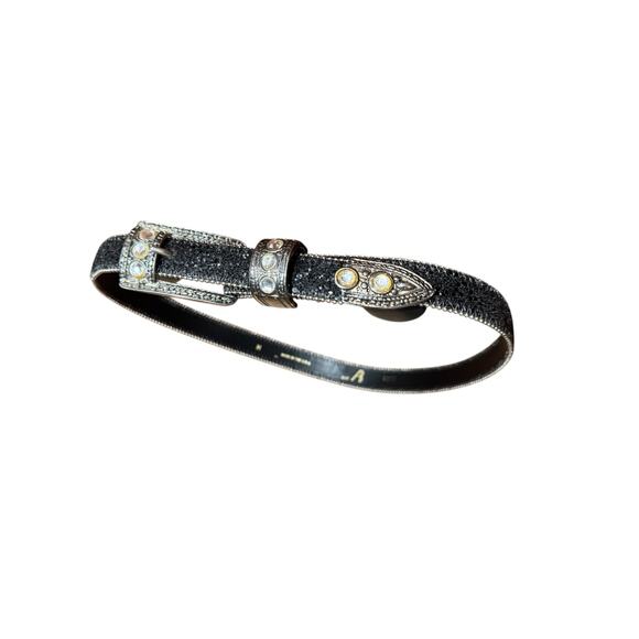 Vintage 80's AB Women's Medium Black 100% Leather USA western belt Bling Retro - Picture 1 of 13